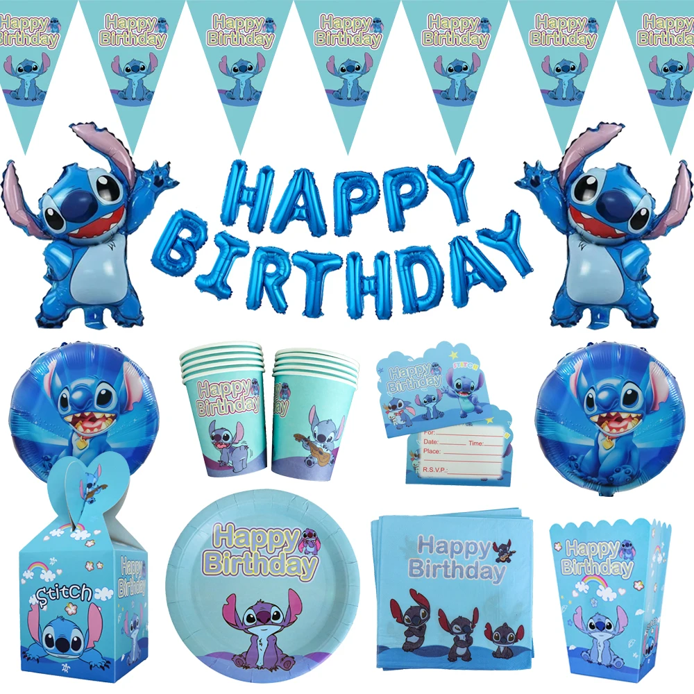 Disney Lilo & Stitch Birthday Decorations Paper Tableware Cup Plates Banner Tablecloth Balloon Boy Kids Adult Party Supplies