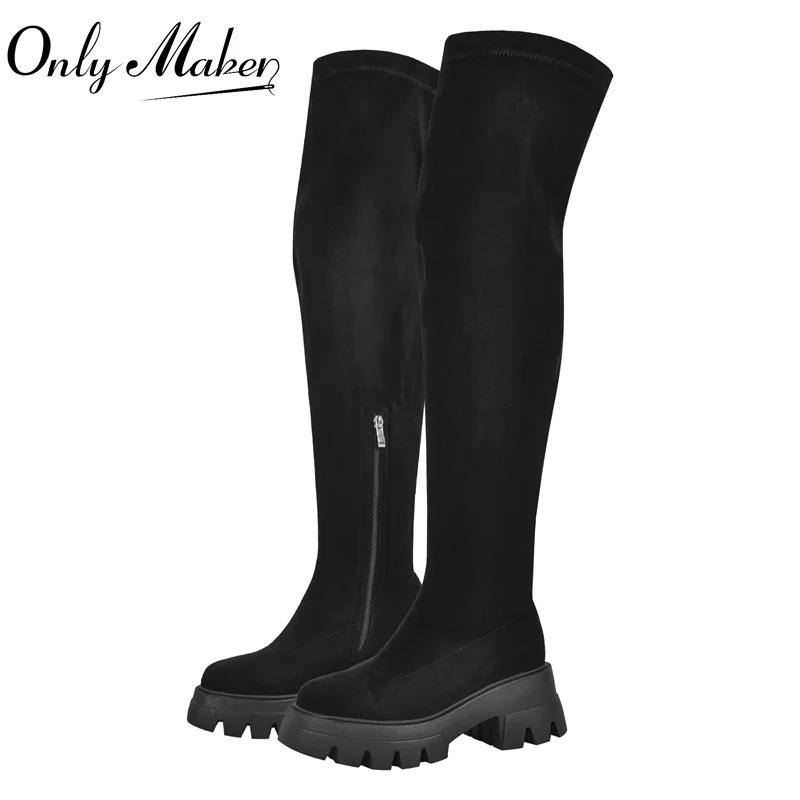 Onlymaker Women Black Over The Knee Stretch Boots Fashion Handmade Female Winter Boots