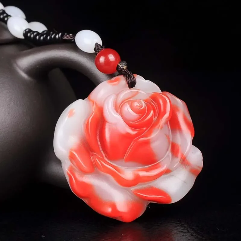 

Natural Chinese Hetian Red White Jade Rose Flower Pendant Necklace Hand-Carved Charm Jewelry Fashion Amulet Gifts for Men Women