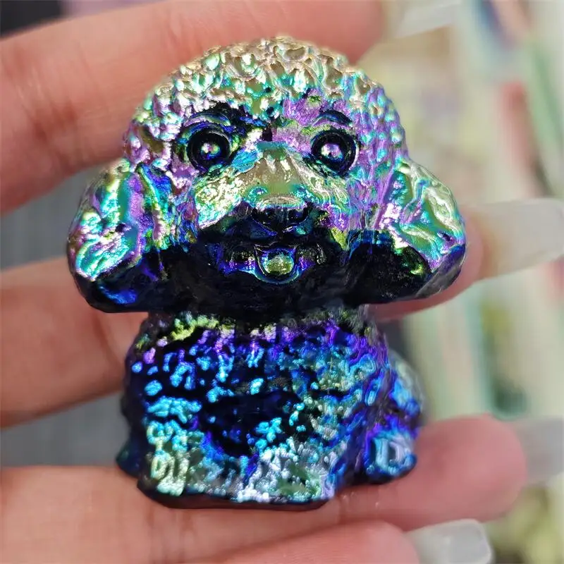 Natural Aura Quartz Teddy Dog Carving Healing Fengshui Stone Gemstones Home Decoration Holiday Gift 1PCS