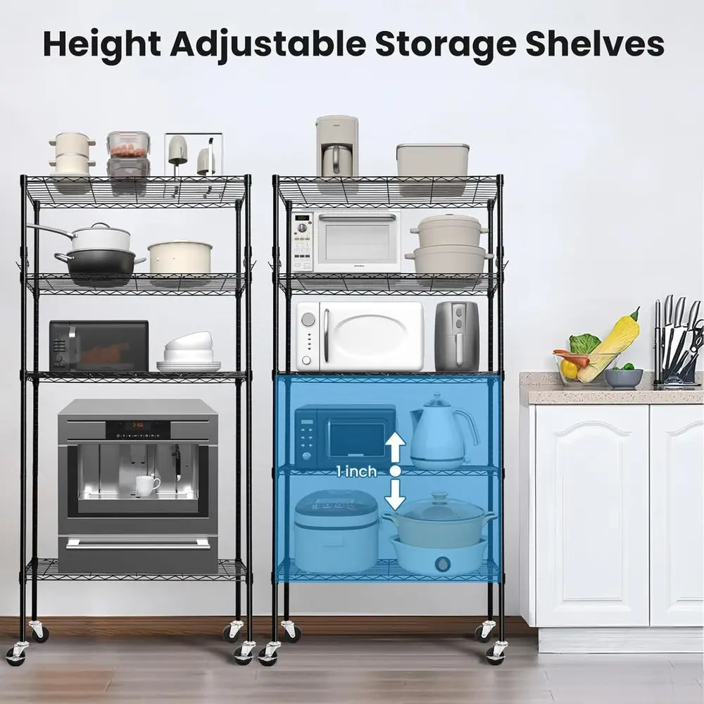 頑丈な5段調節可能なメタルワイヤーシェルフユニット（キャスター付き）、14D x 36W x 75H、耐荷重1750ポンド、ガレージやキッチン収納に最適