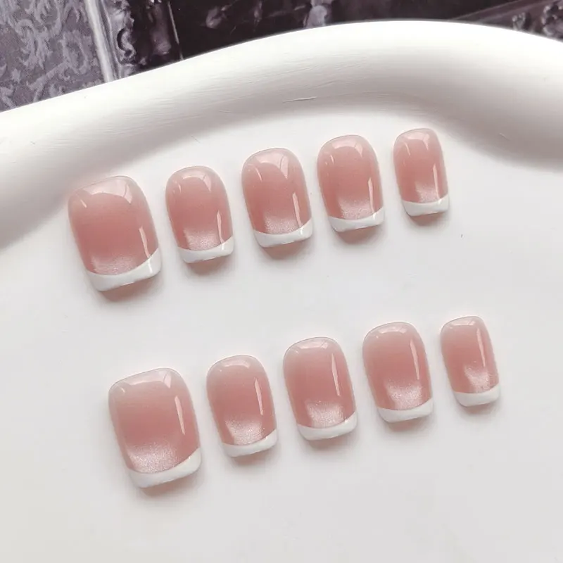 10 Stück Französischer Stil Rosa Katzenaugen-Optik mit Weißem Rand Aufklebbare Nägel Tragbare Nägel Kurze Quadratische Kunstnägel Wiederverwendbare Nägel – Detail 6