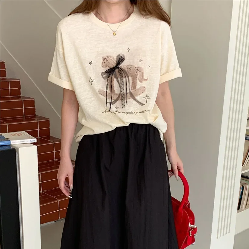 

Summer New Casual Lace Bow Short Sleeve T-Shirt Women's Top Comfortable Breathable Fashionable Female Clothing