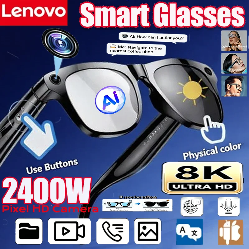 Lenovo NEW 8K 2400MP AI Smart Glasses Eyewear Hands-Free Calling AI Chat Translation Logging Music Playback Smart Sunglasses