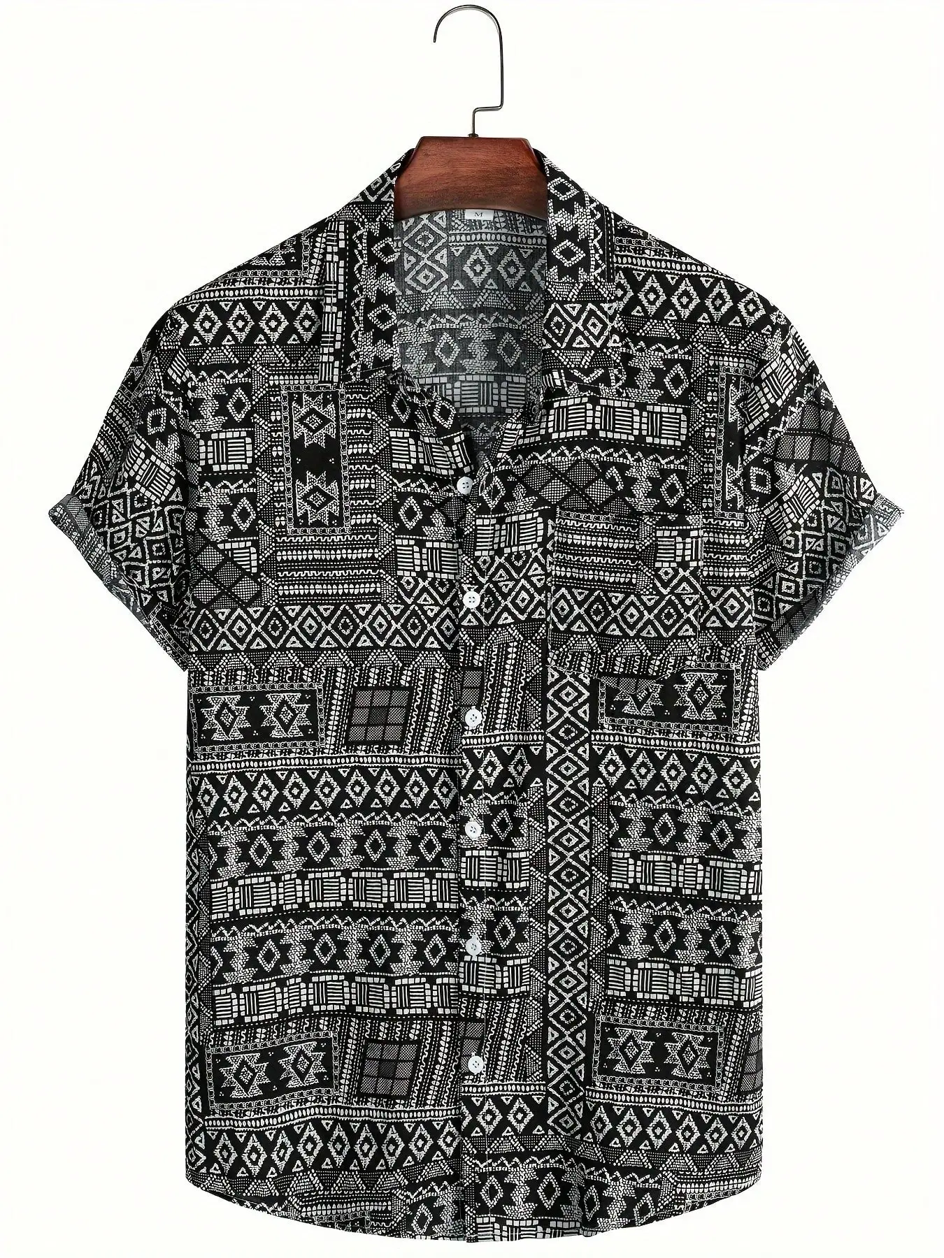 

Black and White Geometric Print Short Sleeve Button-Down Casual Shirt for Men