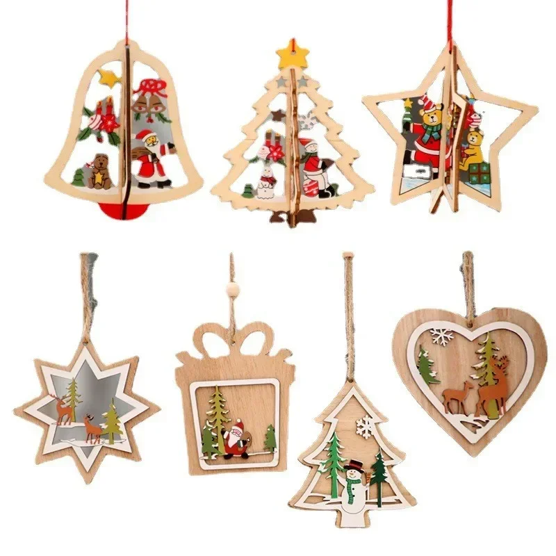 1Pcs Merry Christmas Pendant Decorations for Home Wooden Painted Colorful Car Xmas Bell Christmas Tree Toys Gift  New Year 2023