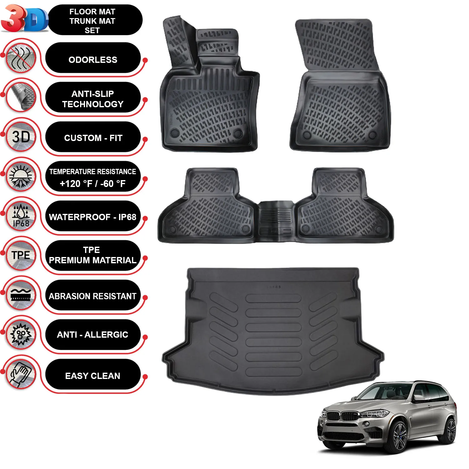 BMW X5 F15 - (2013-2018) - Floor Mats + Cargo Trunk Liner - SET - (Black)