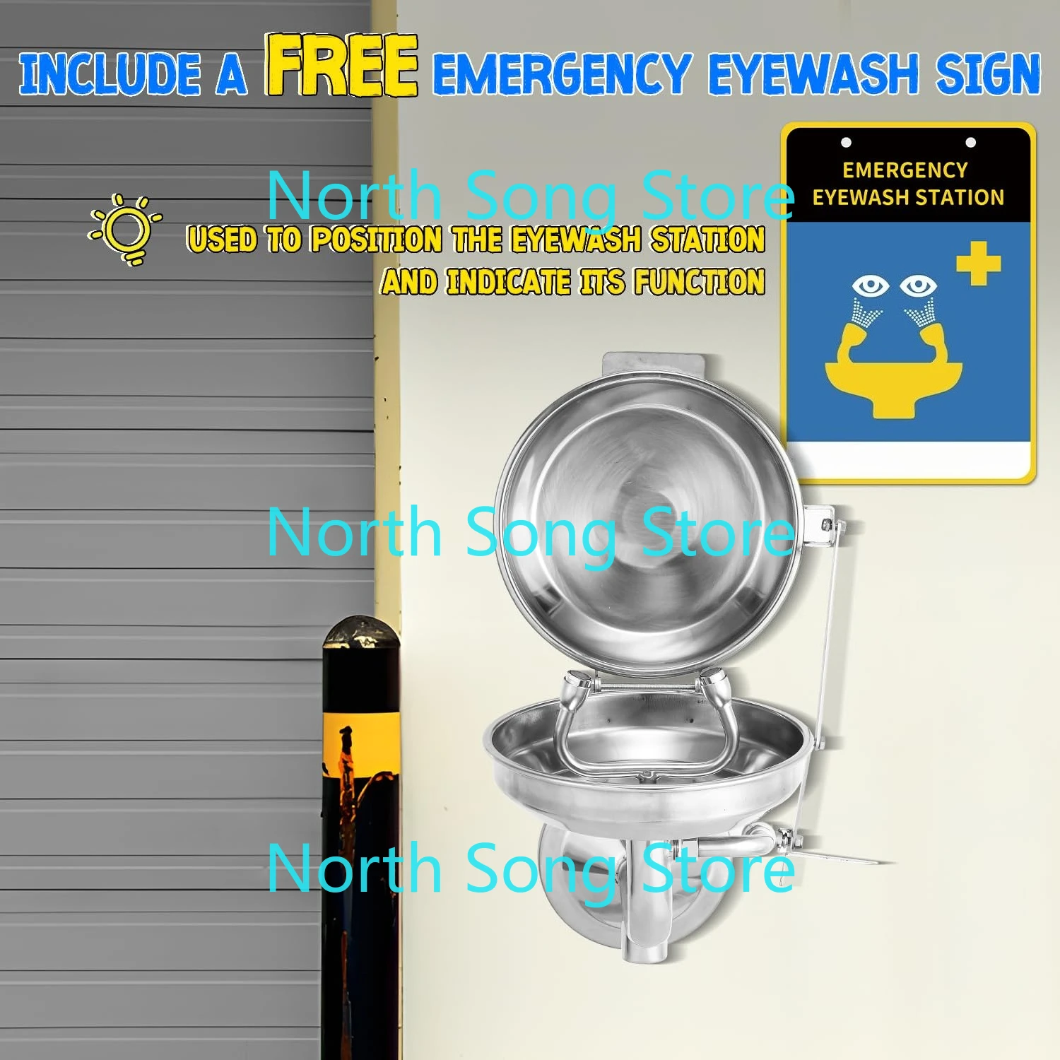Eye Wash Station with Cover, Wall Mount Eyewash Station OSAH Approved, Stainless Steel Plumbing Eye Washing Unit view 6