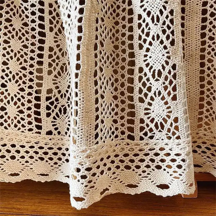 لستائر قصيرة خزانة المطبخ المرحاض الكروشيه البيج محبوك الدانتيل طبقات ثقب جوفاء الأزهار الباب مقهى الديكور نصف نافذة #5