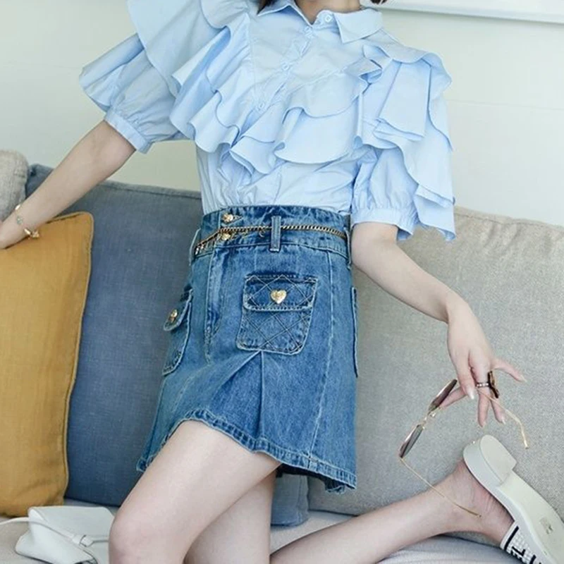 Cotton minority design shirt 2024 new ruffled patchwork western-style shirt with bubble sleeves and short sleeves Joker shirt