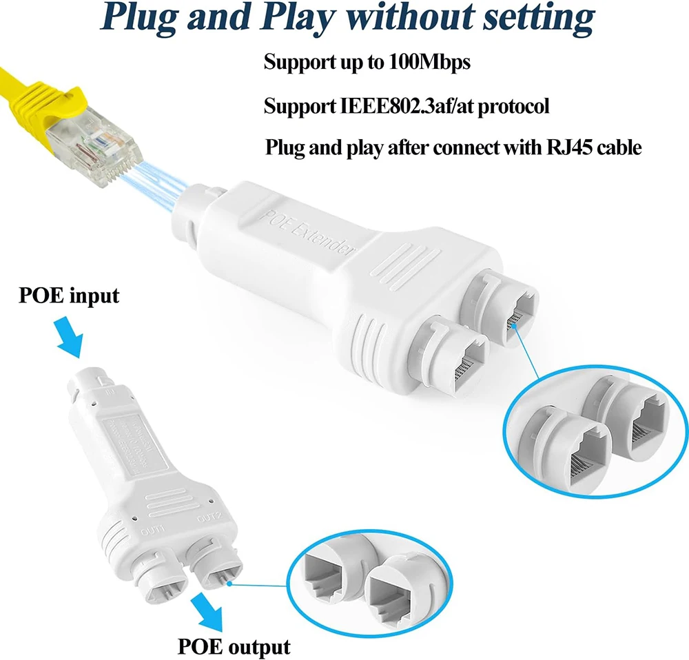 Repetidor POE Impermeable de 1 Puerto a 2 Puertos IP66 10/100Mbps, Extensor PoE de 1 a 2 con IEEE802.3af/at 48V para Exteriores, para Switch POE, 2 Cámaras