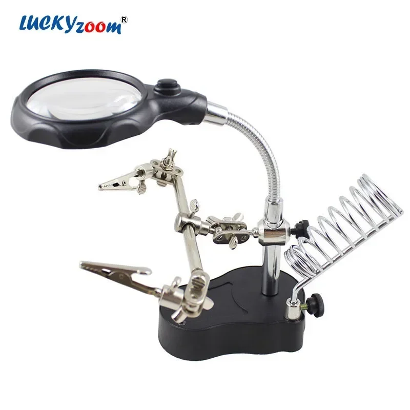 2 LED Third Hand Illuminated Magnifier Solder Clamp Table Lamp Magnifiying Glass Jewelry Loupe Electronic Repair Soldering Lupa