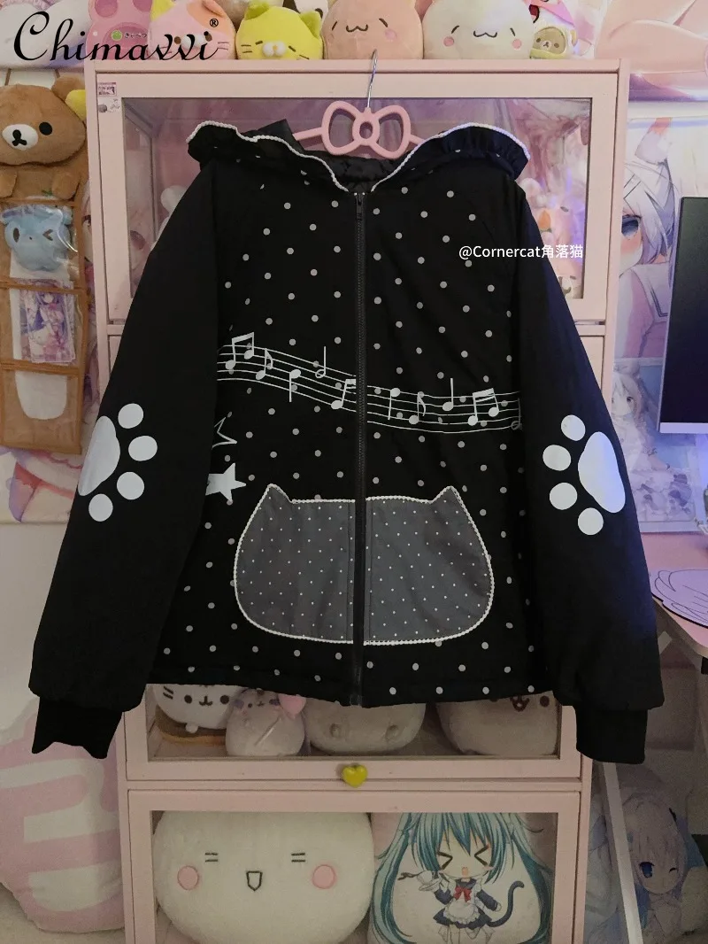 

Original Japanese Subculture Long Sleeve Cotton Jacket Winter Cute Polka Dot Vintage Hooded Cat Ear Loose Warm Girl Padded Coat