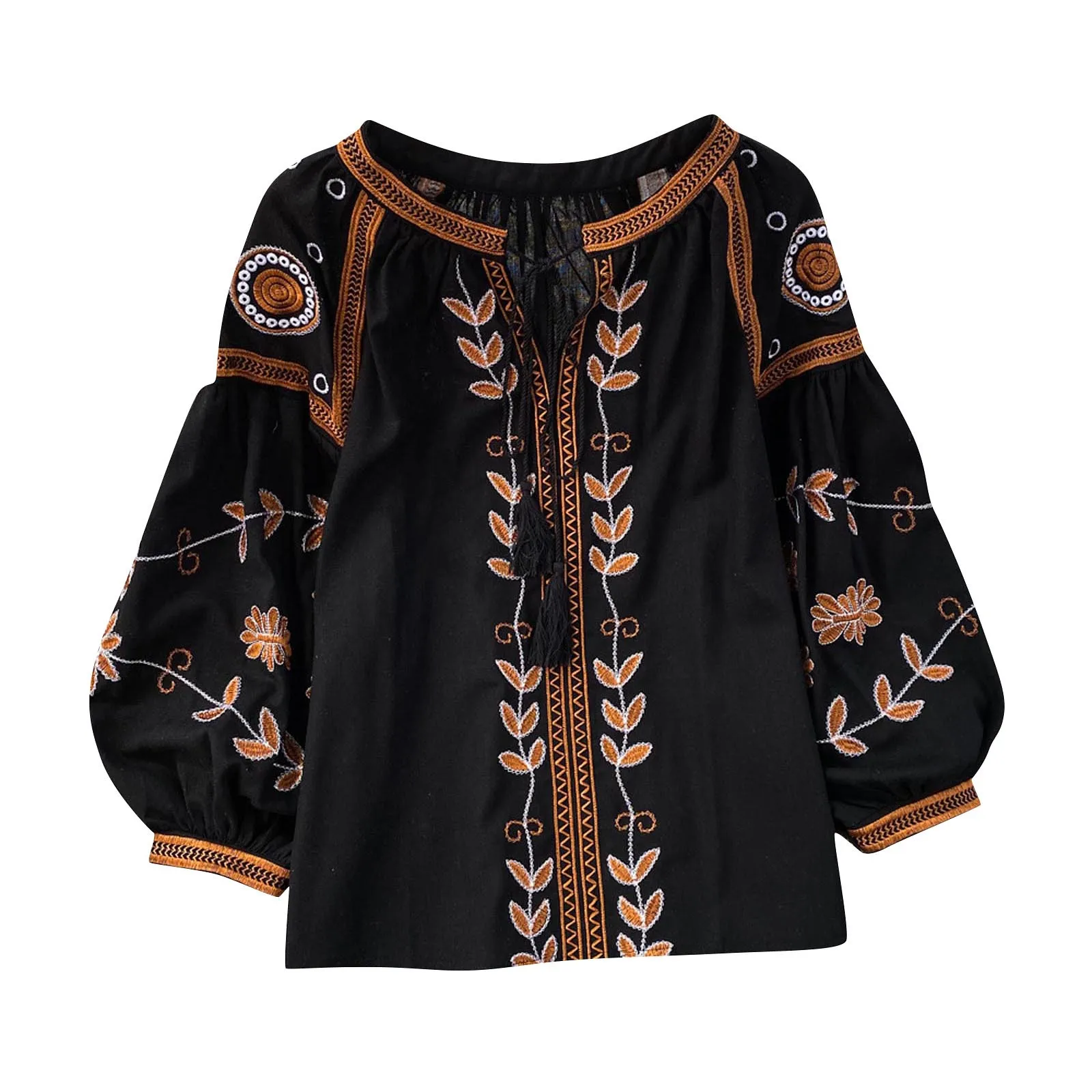 Women Vintage Shirts Tops Causal Lace-Up Round Neck Loose Patchwork Cotton Linen Pullover Tops Ethnic Style Lantern Sleeve Tops