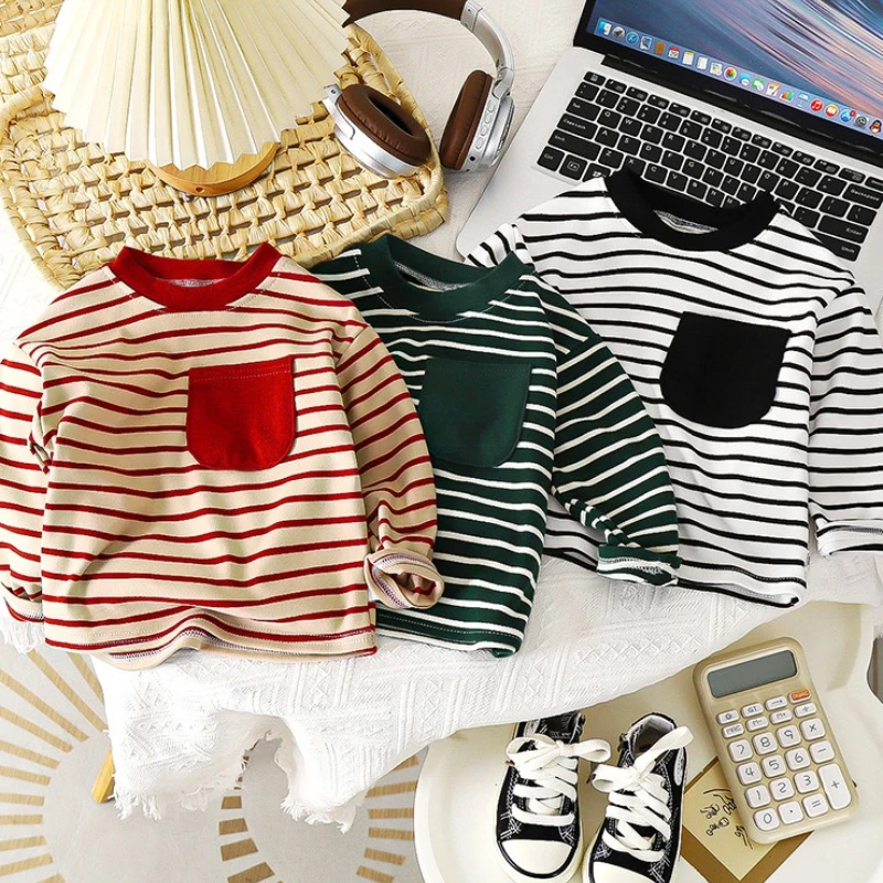 

Spring Kids Striped Long Sleeves T-shirt Toddler Girl Loose Bottoming Shirt Boy Baby Casual Tops Fashion Children Tees