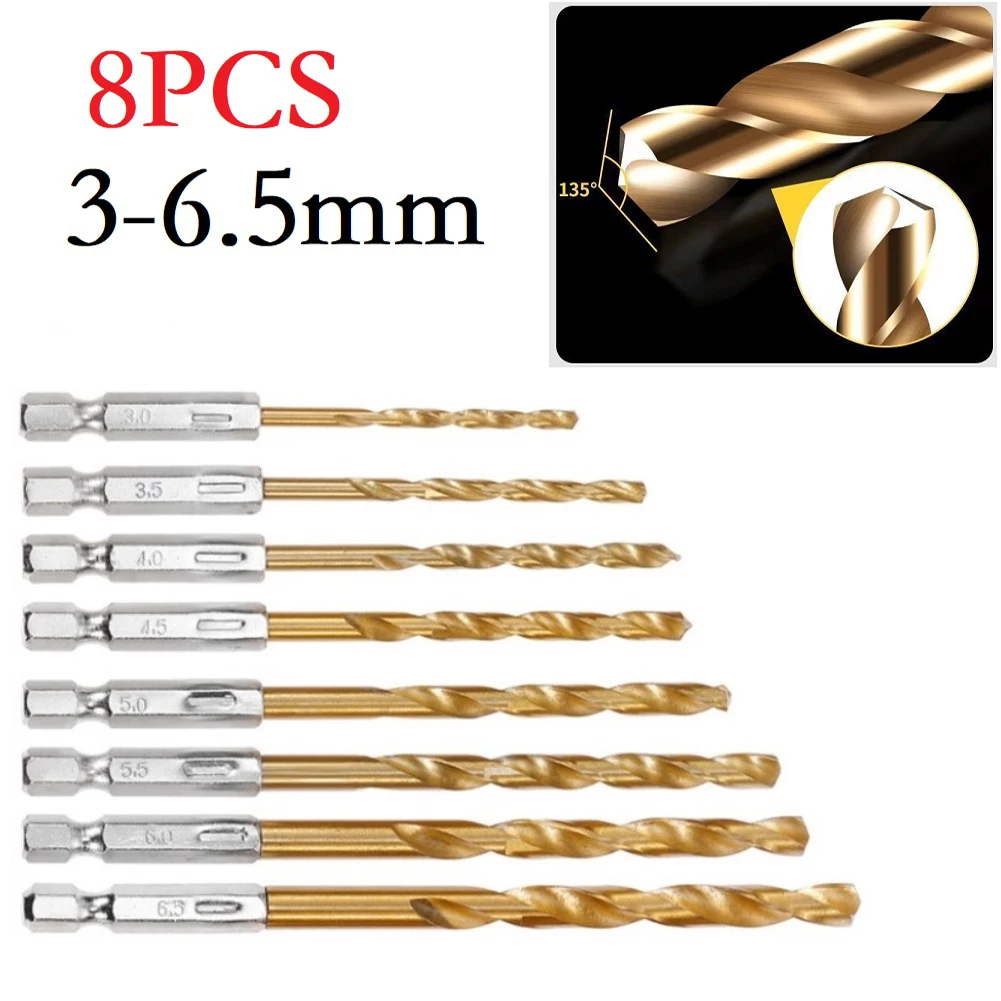 8Pcs 3-6.5mm HSS Drill Bit Hex Shank For Wood Metal Marble Drilling Hole Cutter Length 80-119 Mm For Drilling Aluminum Wood