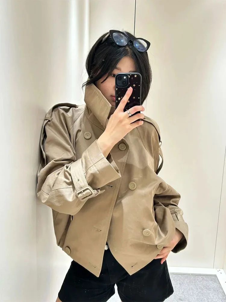 

Korean Style Temperament Khaki Short Windbreaker Jacket For Women Spring Autumn 2025 New Workwear Casual Double Breasted Jacket