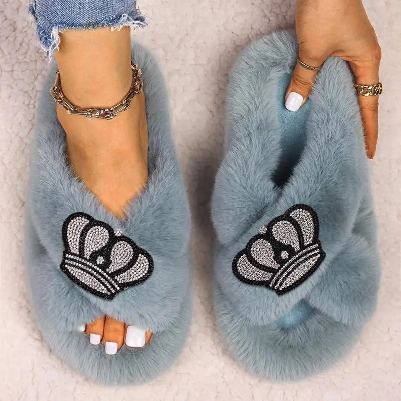 Women Winter Faux Fur Indoor Slippers Rhinestone Drilling Crown Cloth Plush Sandals Cross Strap Flats Female Furry Footwear