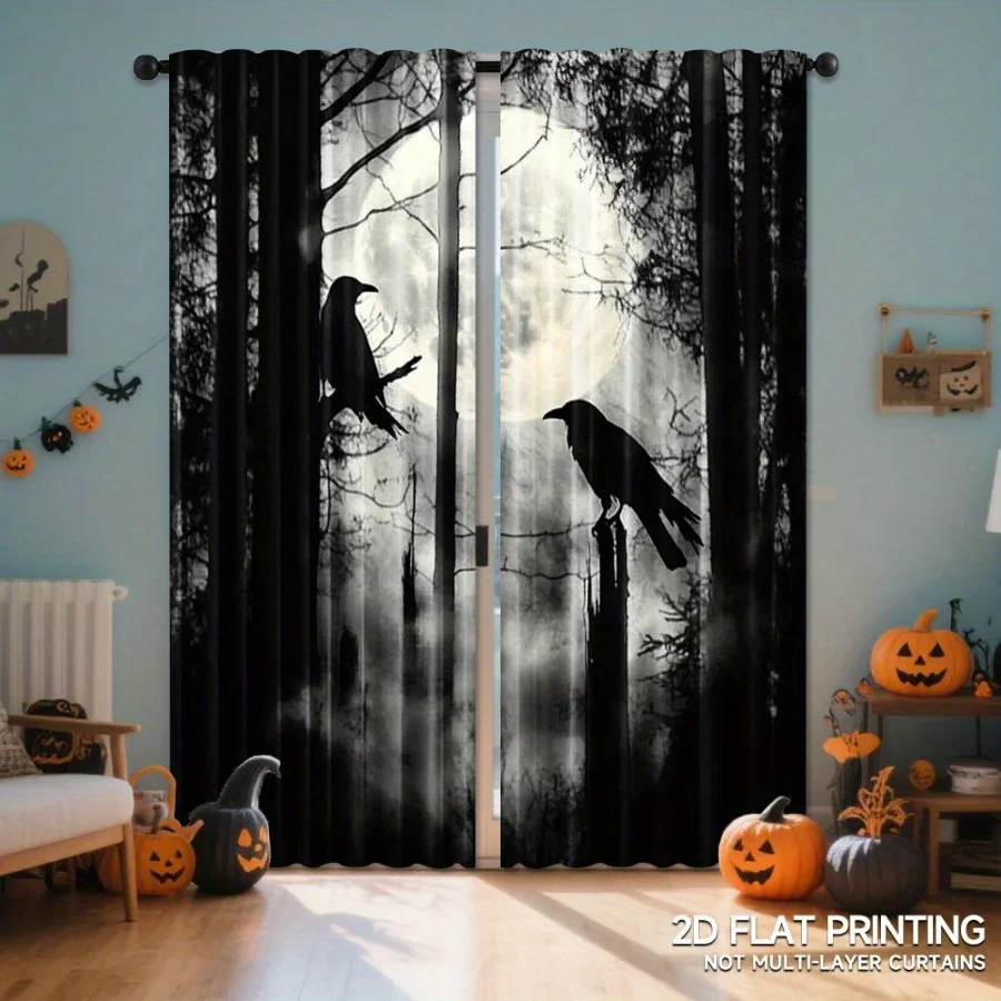 Spooky Black and White Halloween Silhouette Curtain for Living Room Gothic Horror Decor