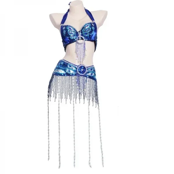 Vente en gros 12 couleurs danse du ventre paon soutien-gorge costume sexy gland perles soutien-gorge et ceinture ensemble pour femmes danse du ventre performance vêtements