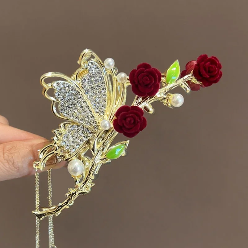 Elegant Roses Rhinestone Hair Clips Butterfly Pearls Gold Tassel Clip Fashion Women Hair Clip Ponytail Headwear Hair Accessories