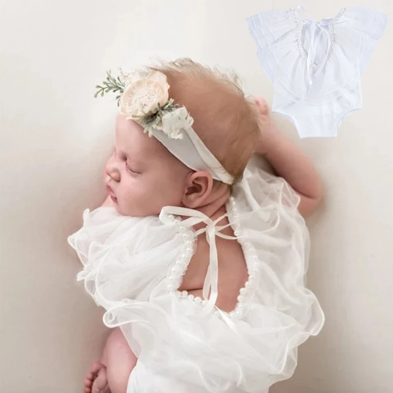 Baby Girl Romper Costumes Newborn Photography Clothing Pretty Princess Style Lace Jumpsuits+ Flower Headwear Sets Photo Outfits