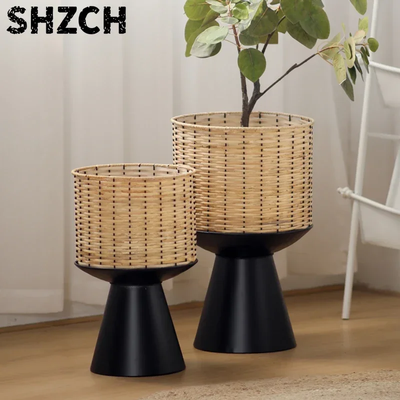 Rattan Weave Flower Pot Modern Light Luxury Green Plant Display Iron Base Bonsai Stand for Balcony Floor Standing Home Gardening