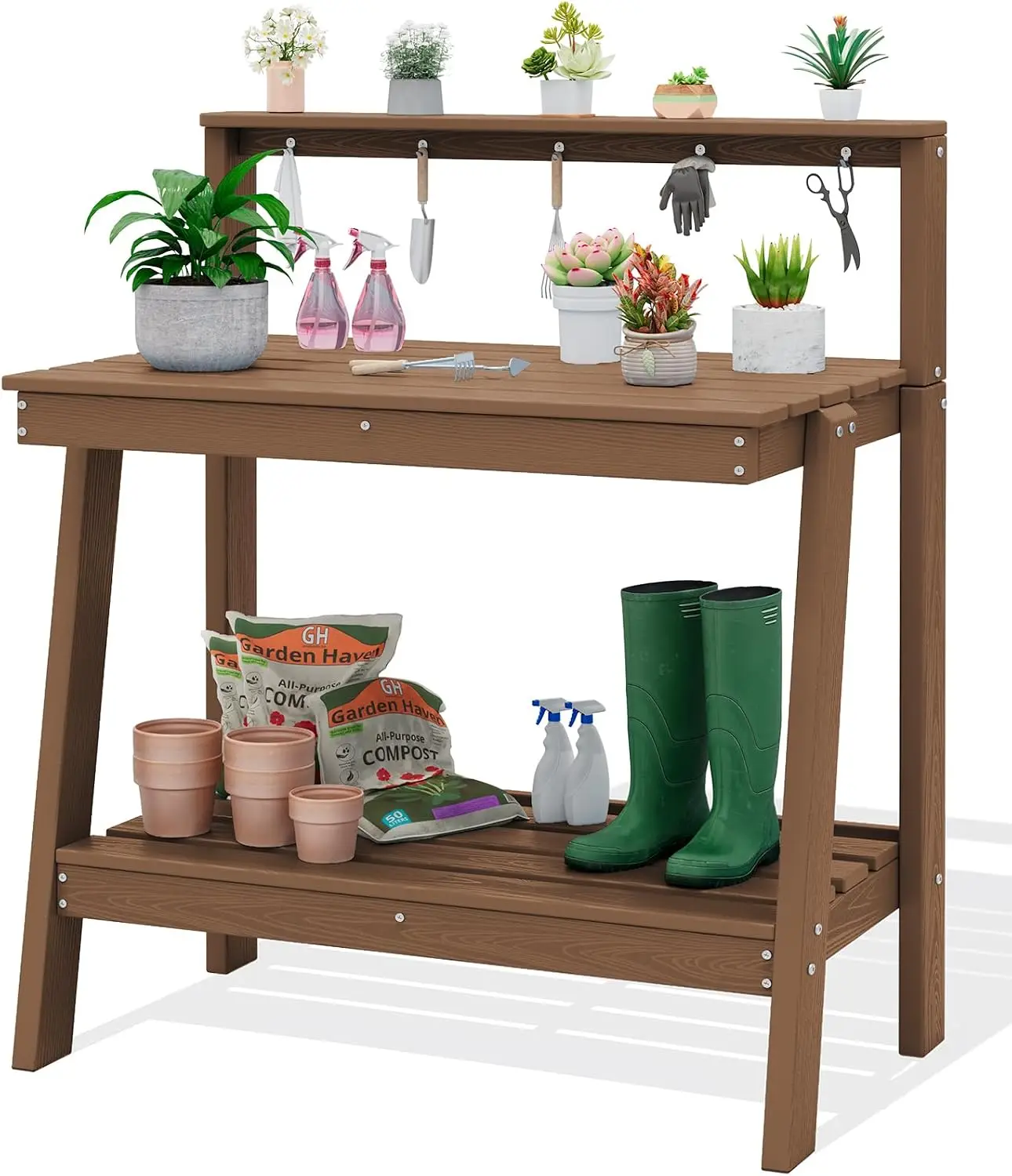 Outdoor Potting Bench Table, Gardening Workstation With Three Tier Storage Shelf For Backyard Patio Greenhouse Balcony, Weather Resistant Minimalist Plant Display Stand, Brown, One Piece