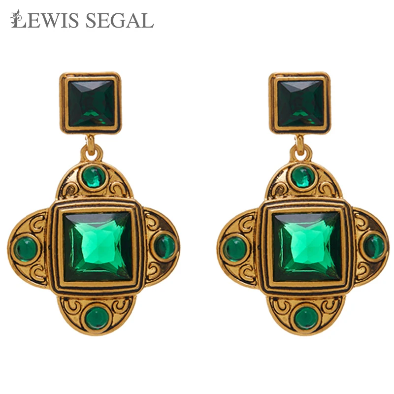 LEWIS SEGAL Luxury Medieval Style Fine Jewelry Retro Czech Gemstones Green Crystal Drop Earrings for Women Girls 18K Gold Plated