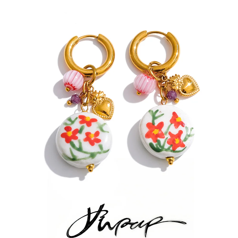 Yhpup 2026 Stainless Steel Ceramic Flower Drop Charm Earrings Spring Summer Style New Arrivals Fashion Trendy Jewelry Gift