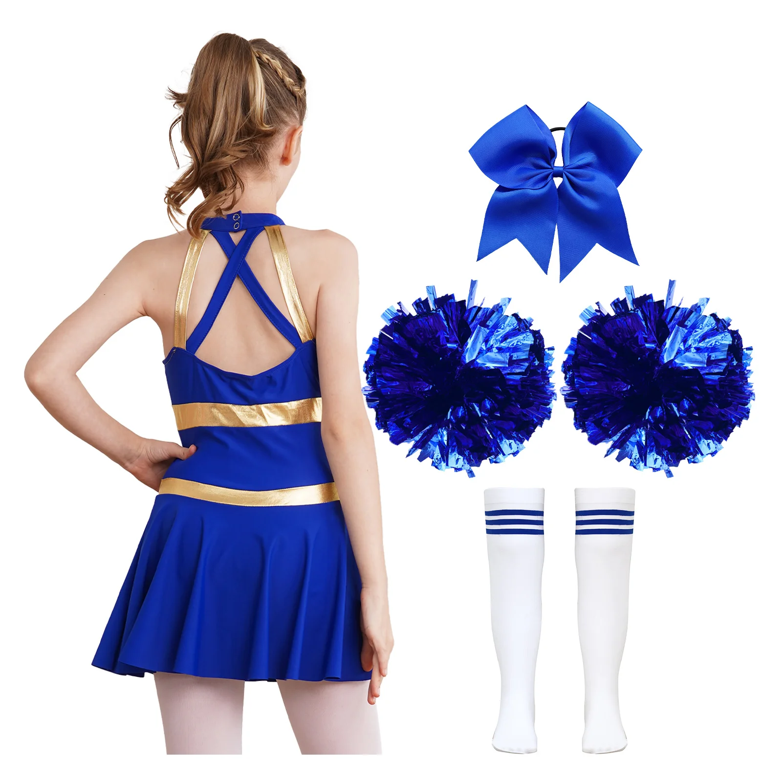 6-16Y Girls Cheerleading Uniform Jazz Dance Sports Meeting Performance Costume Dress with Headwear Ball Flowers Tube Socks Set