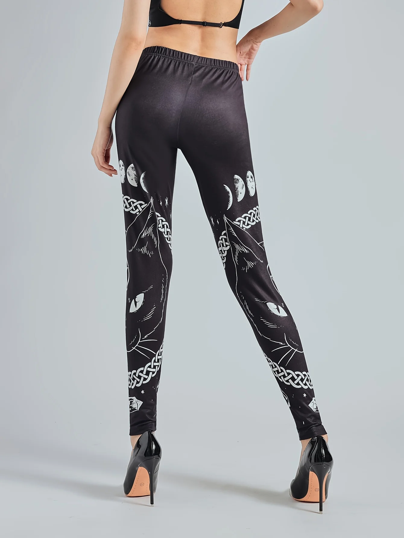 Women's Black Cat Printed Leggings High Waisted And High Elastic Leggings Casual Pencil Pants Tight Pants