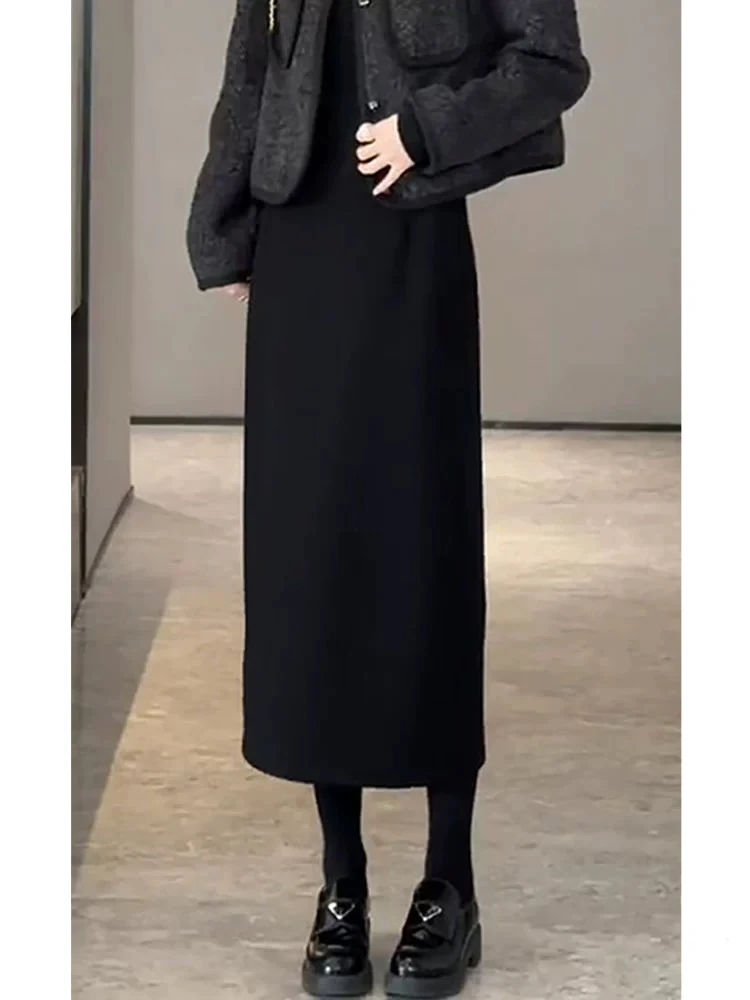 Black Woolen Suit Skirt High Waist Straight Cut Slit Women's Autumn Winter Style  to Mid-Length A-Line Skirts