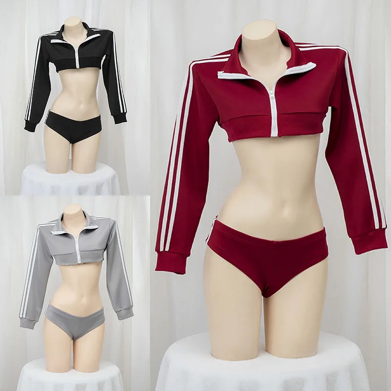 Long Sleeve Split Zipper Gymnastics Clothing Two-Piece Set Student Clothes Cosplay Black Grey Red Crop Top Athletic Wear Outfits