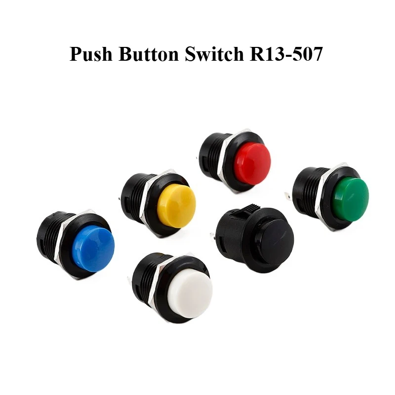 6Pcs R13-507 16mm Momentary Push Button Switch 2Pin SPST 1NO 6A/125VAC 3A/250VAC Round Electric Buttons Multi Color