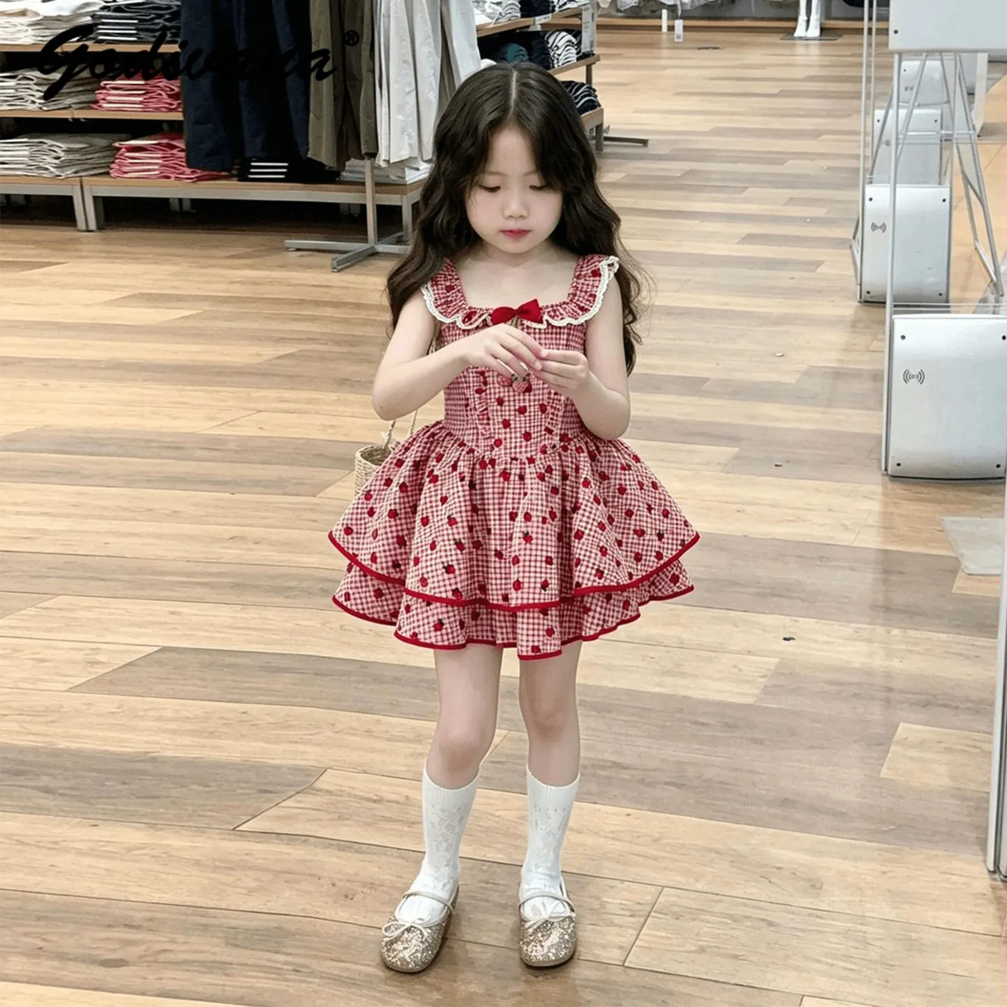 Sweet Baby Girls 2026 New Summer Princess Dress Kids Lightweight Plaid Red Casual Sundress with Flutter Sleeves Strawberry Print
