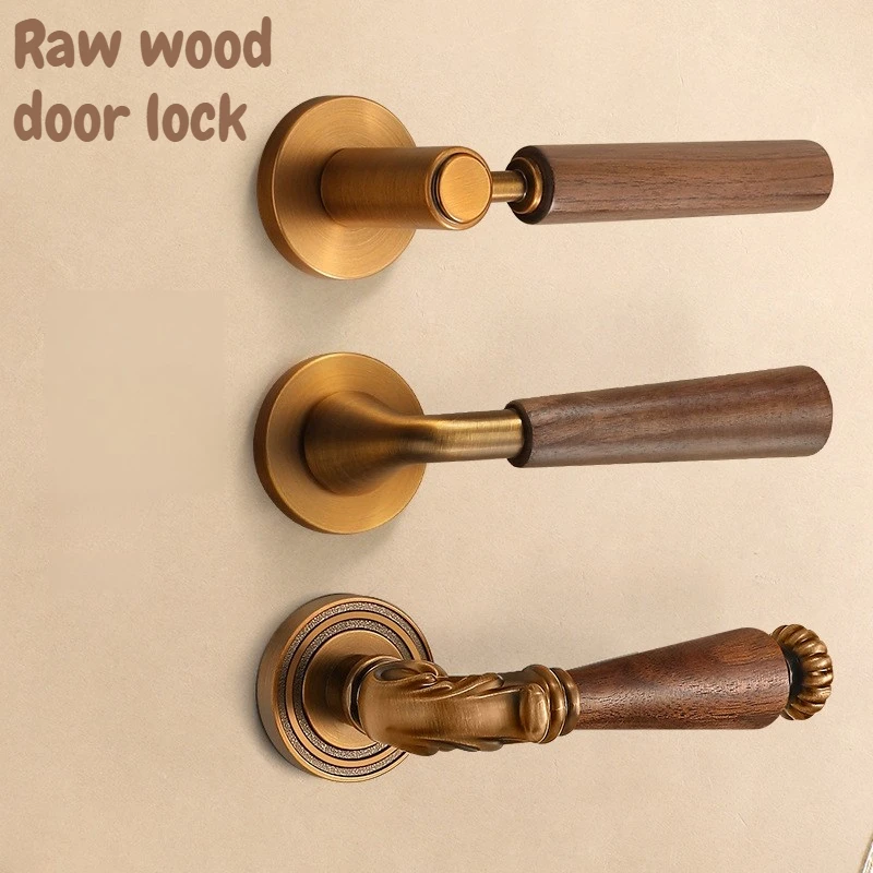 Retro Chinese Walnut Handlesets Copper Bedroom Silent Door Hardware Handle Household Room Use High Quality Comfortable Touch