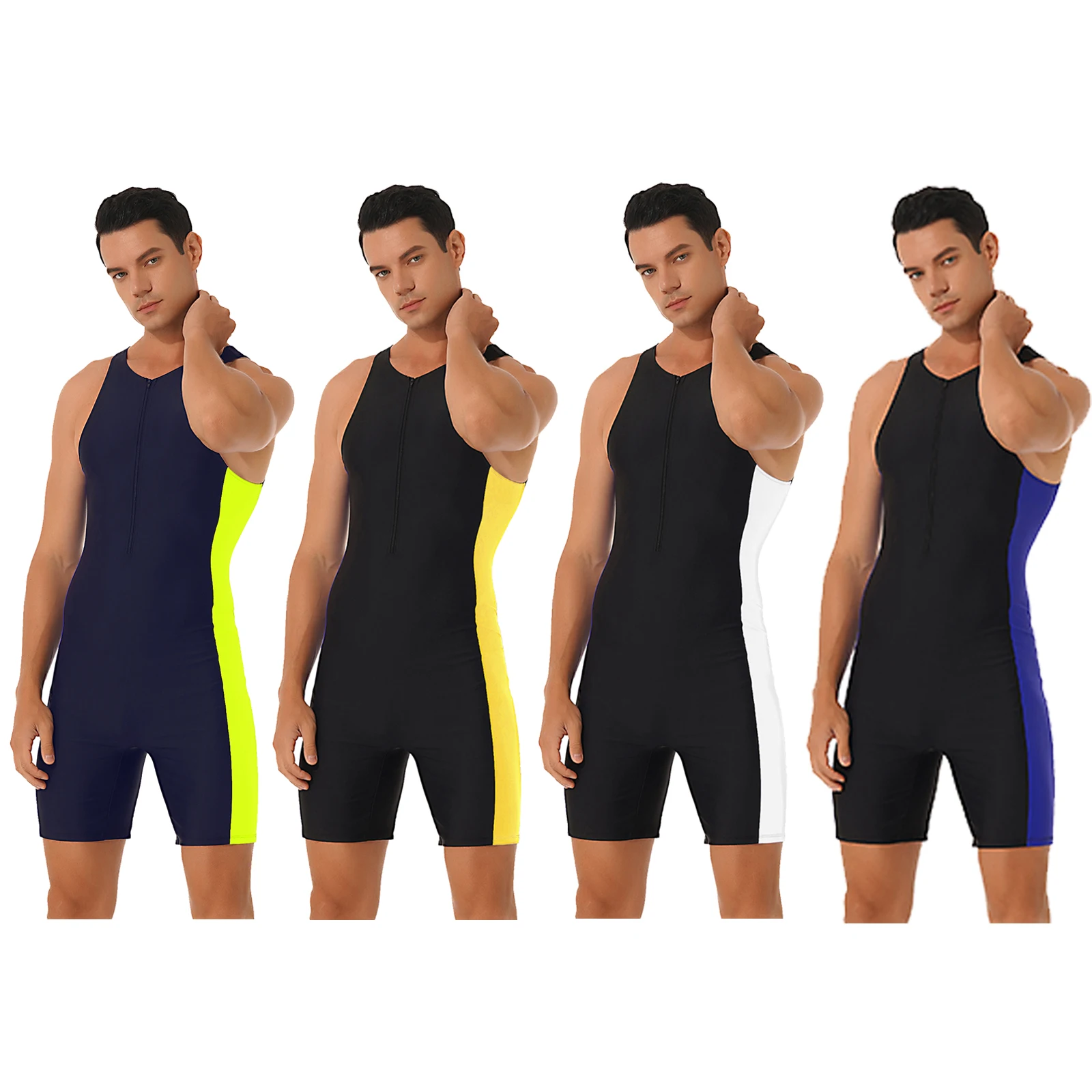 Mens Color Contrast One-piece Swimwear Sleeveless Short Bodysuit New Male Triathlon Wetsuit Beach Pool Bathing Swimming Jumpsuit