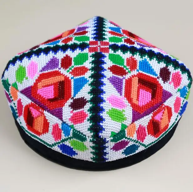 Chinese Xinjiang Uighur Women Dance Hat Cross Stitch Cap Colourful Stage Folk