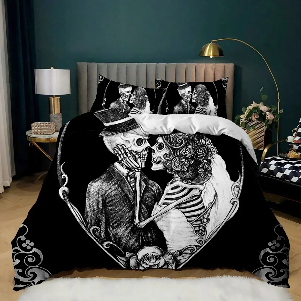 Skull Duvet Cover Set Rose Twin Skeleton Kiss Comforter Cover Teens Gothic Skeleton Double Queen King Size Polyester Qulit Cover