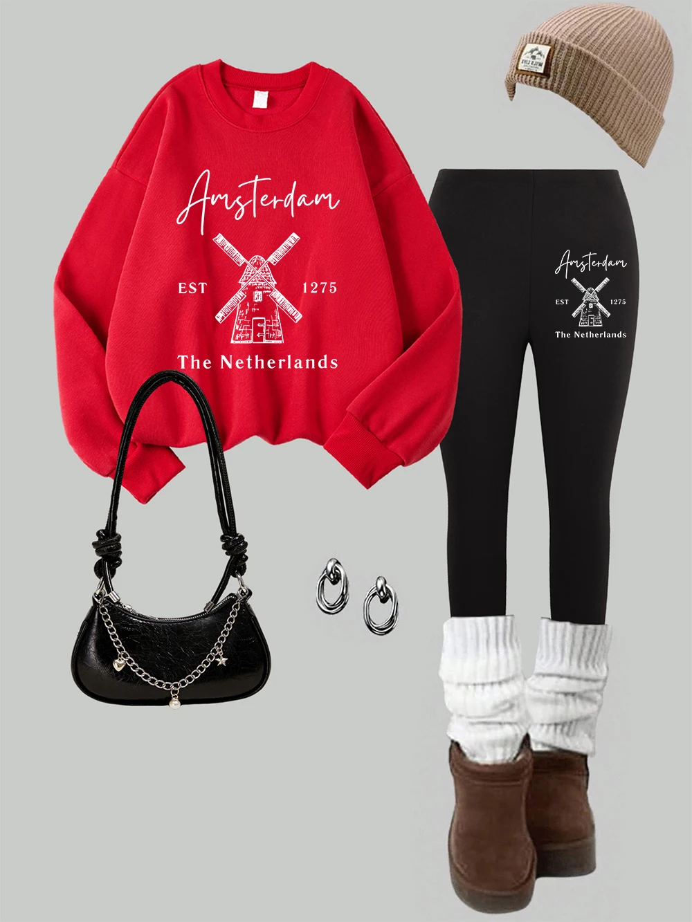 

Женский свитшот с принтом ветряной мельницы, комплект из 2 предметов, уличный флисовый теплый штаны с капюшоном, зимняя женская одежда