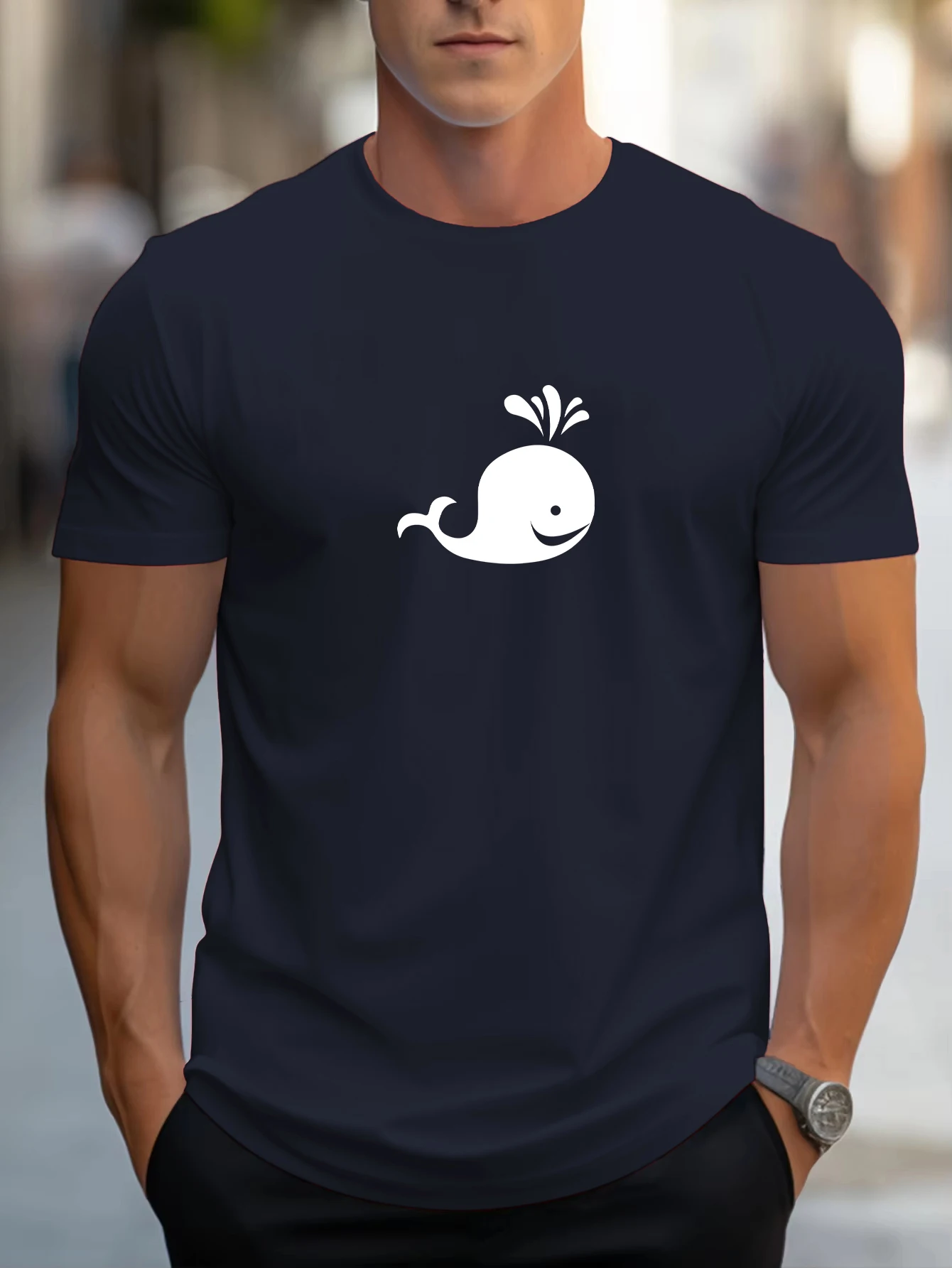 

Whales Spraying Water Print Mens T-Shirt Cotton Summer T Shirt Fashion Comfortable Short Sleeve Oversize Crewneck Clothes