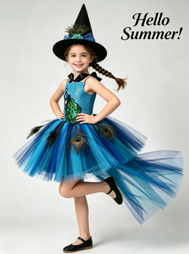 High Low Peacock Train Girl Tutu Mesh Dress Sequin Feather With Hat Kids Stage Dance Holiday Carnival Birthday Party Performance