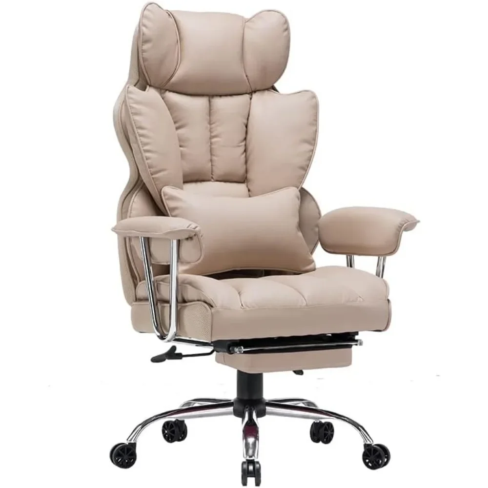 PU Leather Office Desk Chair com perna resto e apoio à cintura, cadeira alta do computador, bege escuro, 400lbs