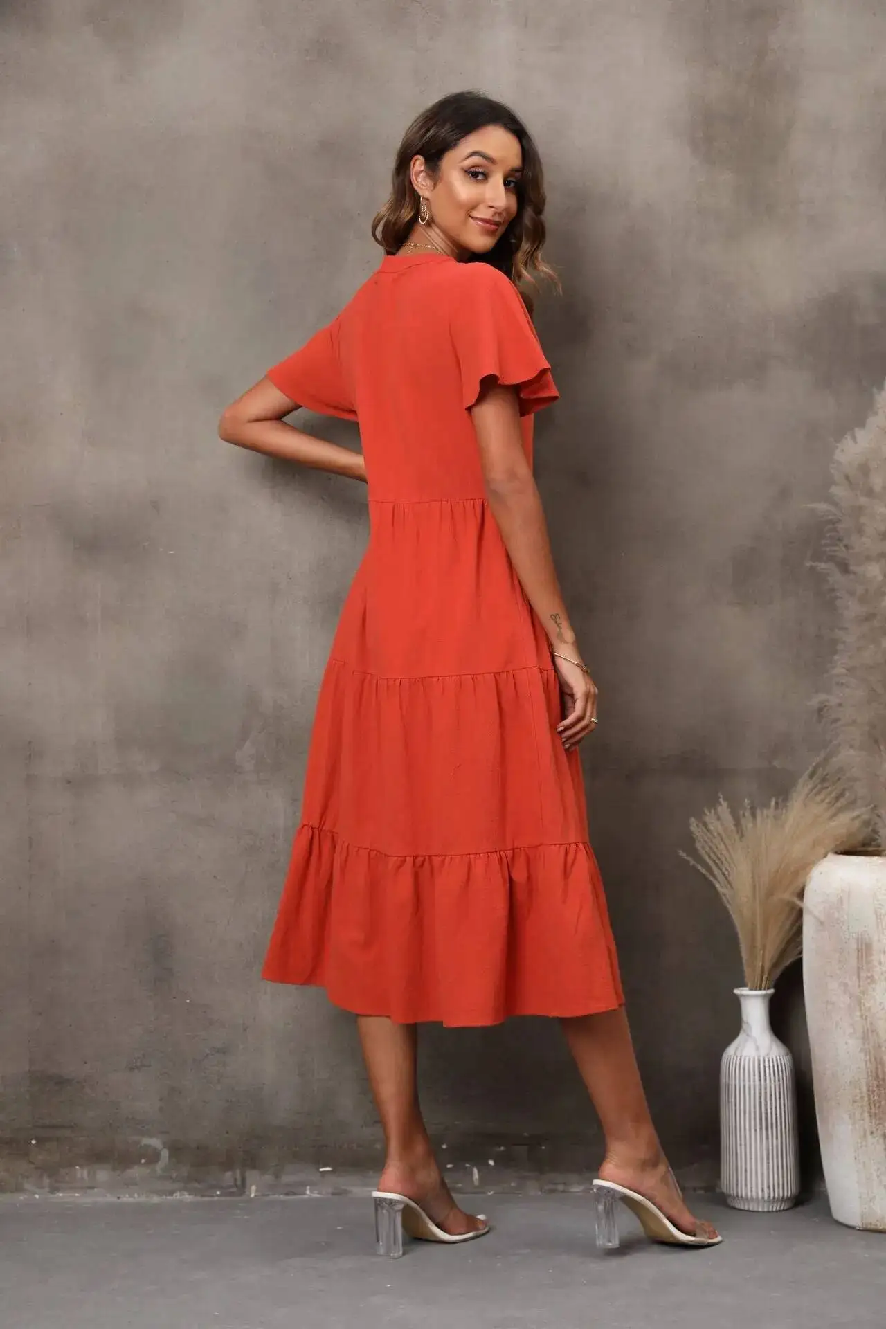 

New V-neck Summer Women's Short Sleeved Dress Cardigan Mid Length Skirt Medieval 2025 Summer Dress Robe Vestido Women Party
