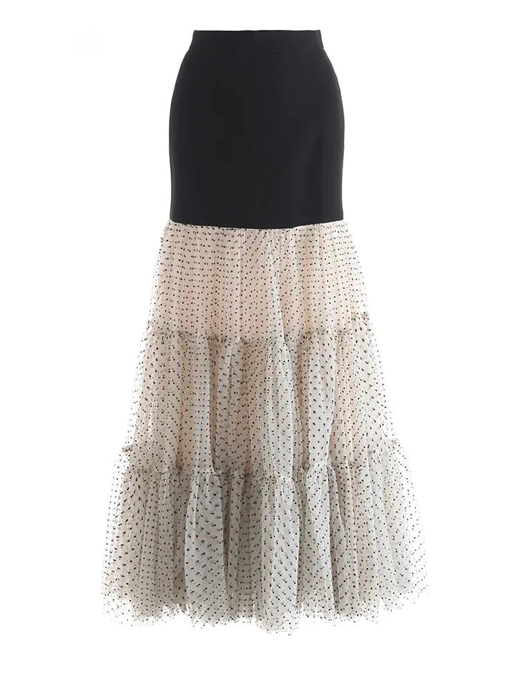 

High Waist Apricot Dot Mesh Color-block Elegant Long Half-body Skirt Women Fashion Tide New Spring Autumn