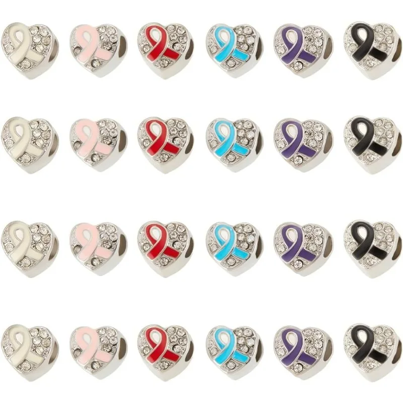 

24Pcs 6 Colors Bulk Cancer Rhinestone European Beads Breast Cancer Awareness Heart Beads 3mm Hole Heart with Awareness Ribbon