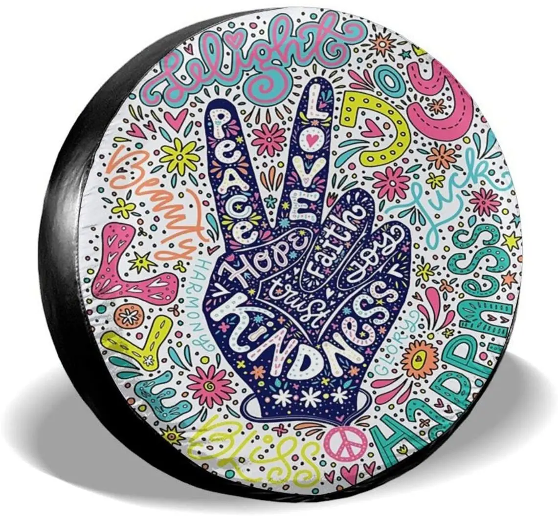 

KiuLoam Floral Peace Sign Gesture Spare Tire Cover Polyester Universal Sunscreen Waterproof Wheel Covers for Car Trailer RV SUV