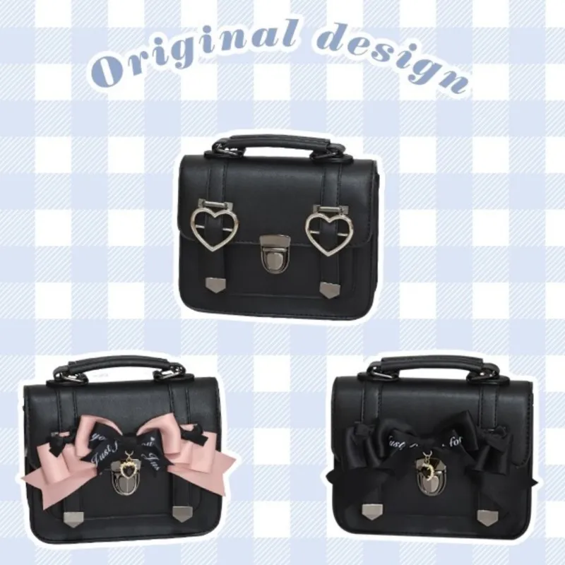 Japanese Bow Black Messenger Bag Women JK Uniform Handle Square Crossbody Bags Ladies Vintage Lolita Shoulder Bags Aesthetic