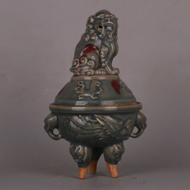 Song Dynasty Jun Ware Splash Color Lion Mythical Beast Relief Incense Burner Chinese Vintage Home Decor Collectible Ornament